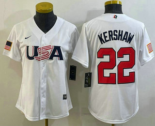 Women%27s USA Baseball #22 Clayton Kershaw 2023 White World Classic Stitched Jersey